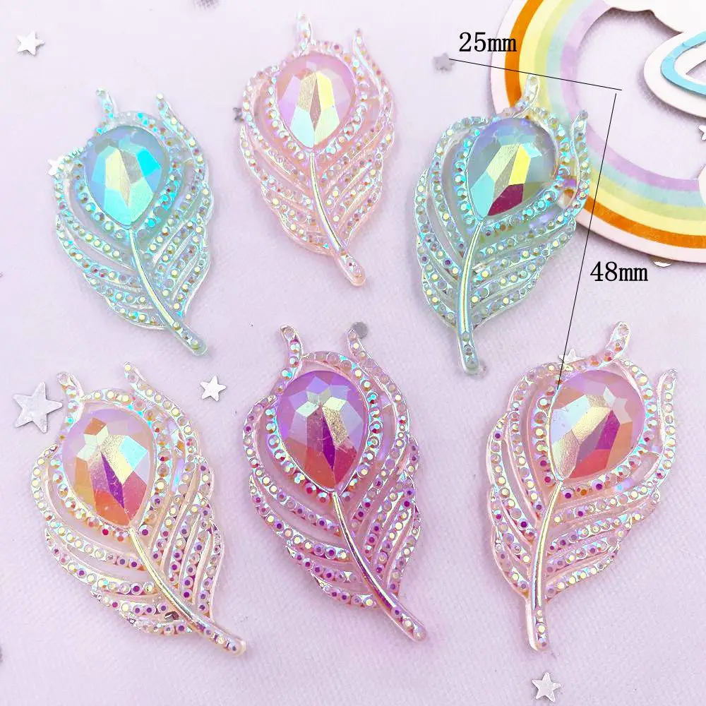 6PCS Glitter AB Resin Noctilucent 3D Big Peacock Feathers Flatback Rhinestone Scrapbook DIY Wedding Applique Gem Crafts L699