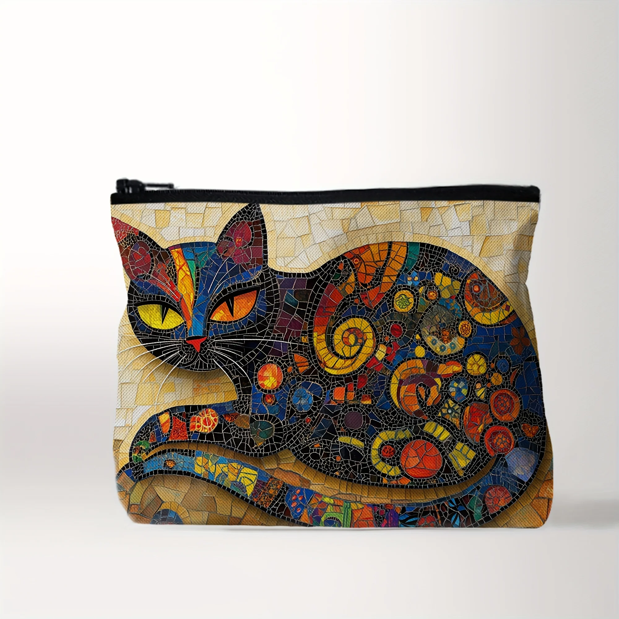 Stylish Colorful Mosaic Cat Makeup Bag | Lightweight, Foldable, Zipper Closure, Perfect Gift for Makeup Lovers