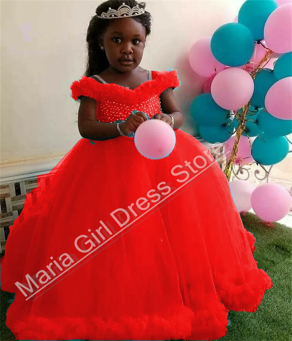 Gezwollen feestjurk voor meisjes met dunne bandjes, kralendecoratie voor schoonheidswedstrijd voor kinderen, eerste communie, avondkleding