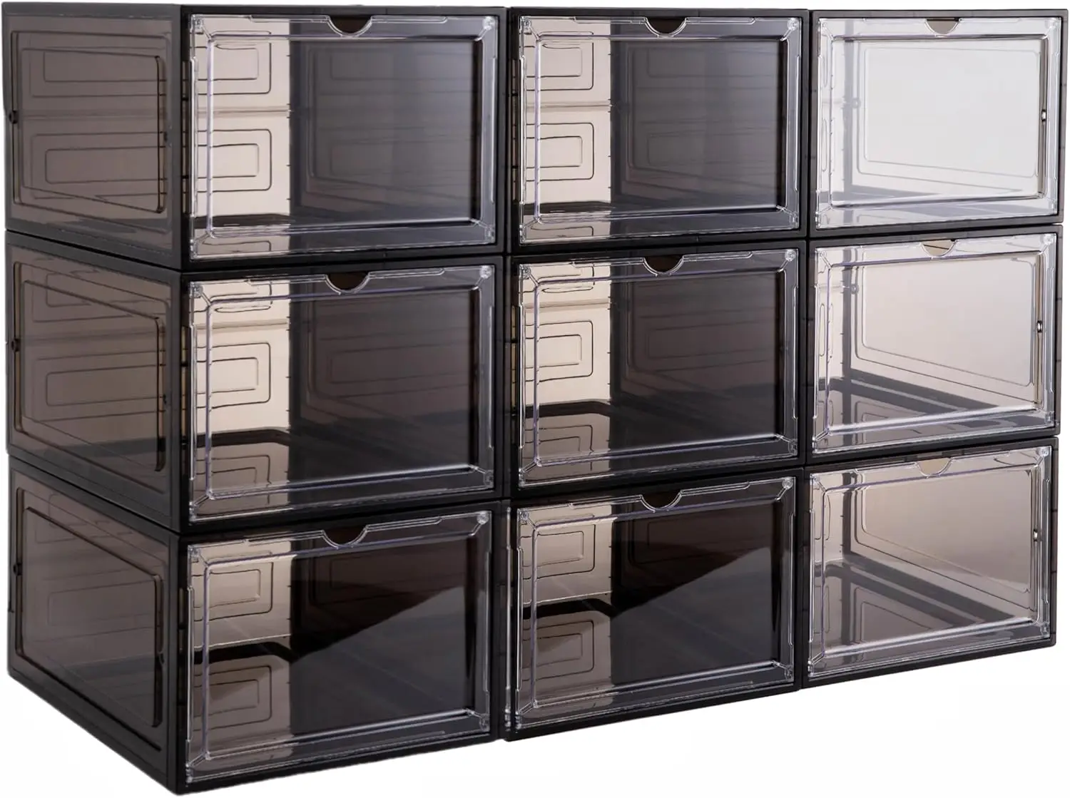 

Clear Stackable Shoe Boxes with Magnetic Door - Drop Front Organizer for Display (9 Pack, Clear Black)