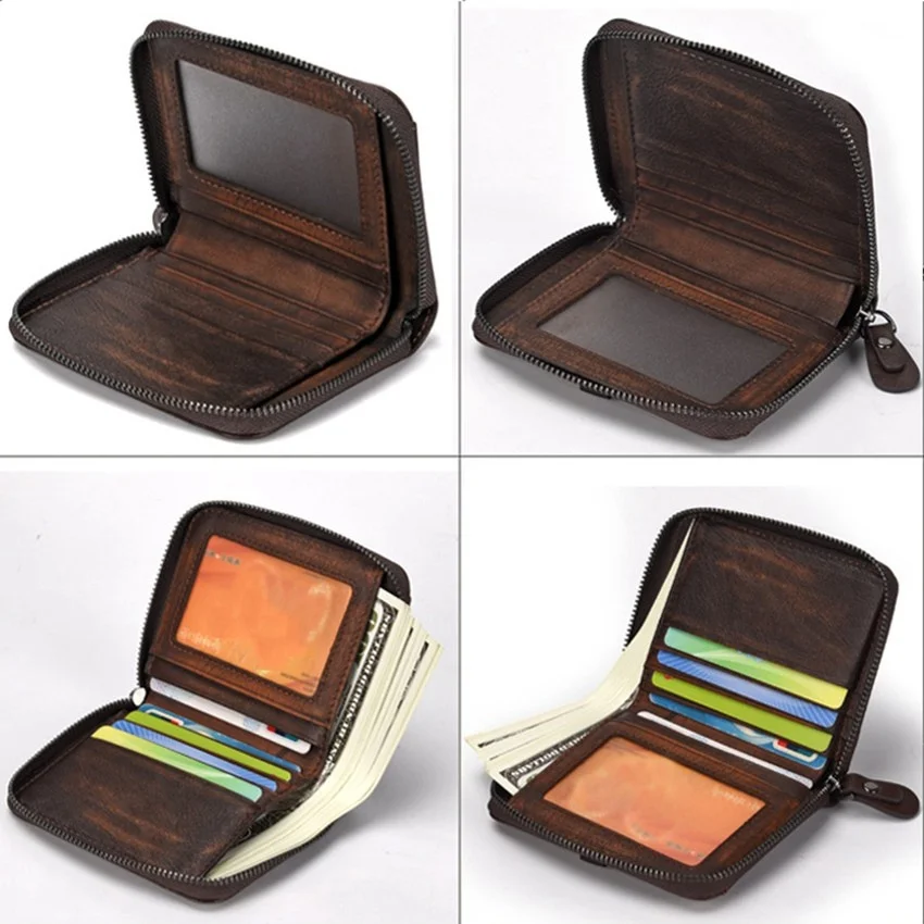 Retro Men's Short Wallet Casual Zipper Wallet  Cow Leather Clutch Wallet Billfold Coins Purse Card Holder  Notecase