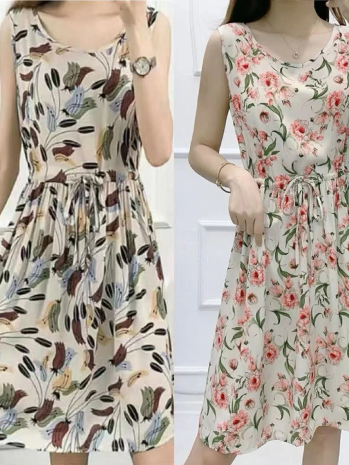 夏のファッション ハイウエスト コットンシルクワンピース レディース アウター ショート丈 花柄ベストワンピース ボヘミアンスタイル Aラインスカート