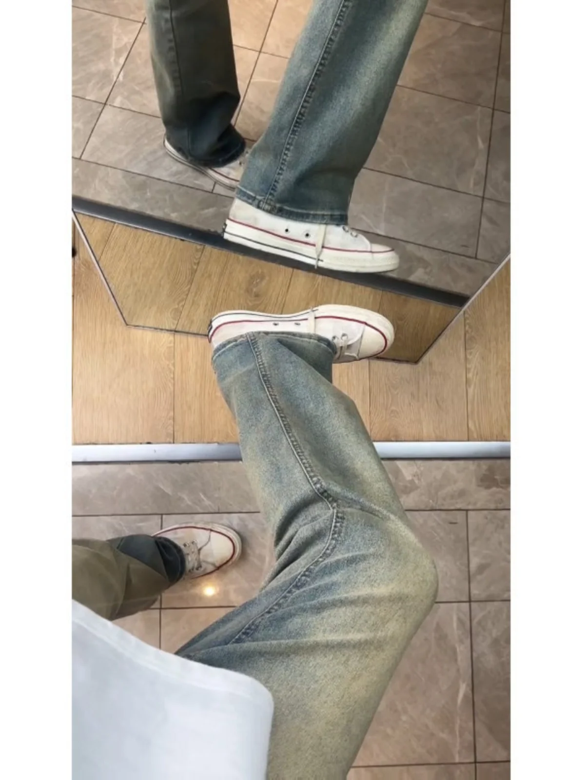 

Retro Blue Straight Leg Jeans Men's Extended Length Slim Fit High Waist Long Trousers American High Street Sle Bell Bot