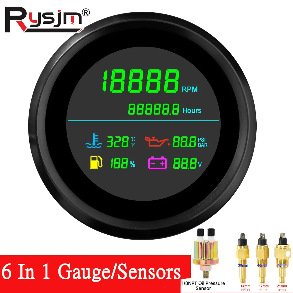 12V/24V 85mm 6 in 1 Multi-Function Gauge Tachometer Fuel Level Gauge Water Temp Meter Oil Pressure Voltage Hours Meter Car Boat