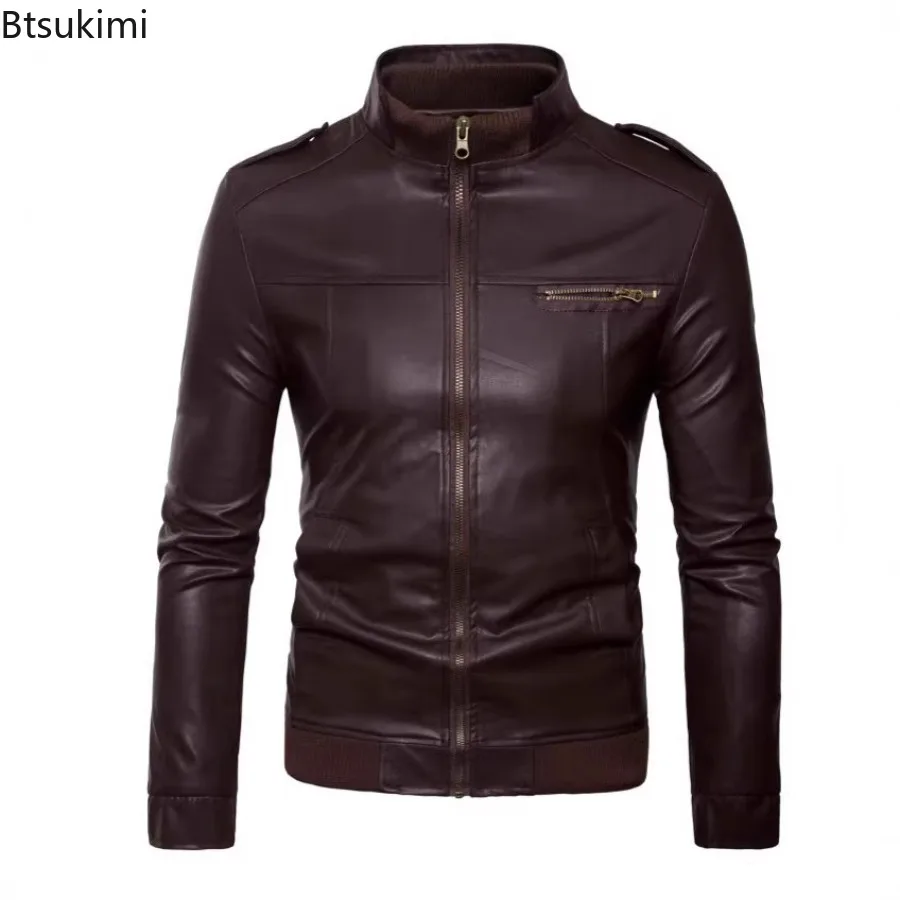 Fashion New Men's Leather Jackets Solid Stand Collar Slim Motorcycle Coats Autumn Winter Vintage Classic PU Leather Jackets Male