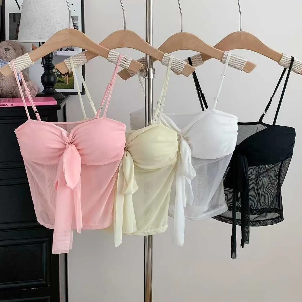 

Slim Fit Mesh Laced Up Mesh Camisole Transparent Streetwear Girl's Vest Top Hollow Laced Up Bowknot Slim Mesh Crop Top