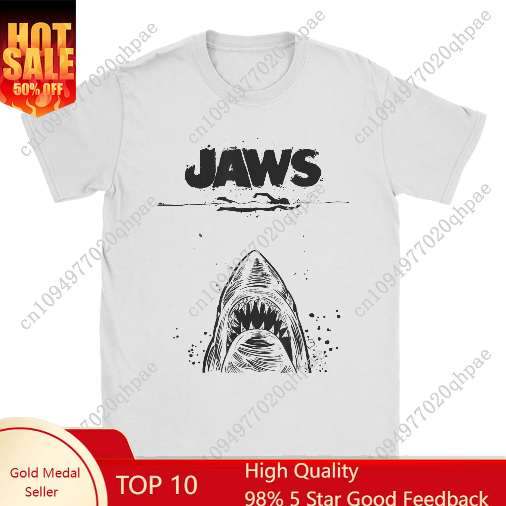 

Jaws 50th Anniversary Poster Men's T Shirts Shark Sketch Creative Tee Short Sleeve Crew Neck T-Shirts Cotton Printed Clothing