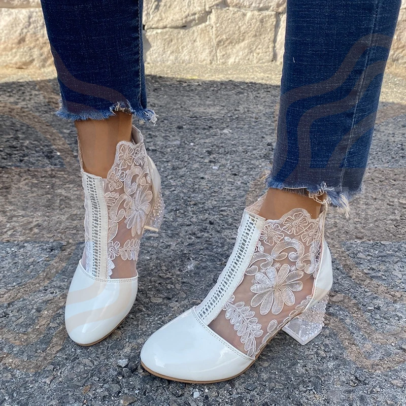 New Women's Shoes Romantic Air Mesh Embroidery Ankle Boots for Woman Fashion high heeled boots Designer Shoes Botas De Mujer