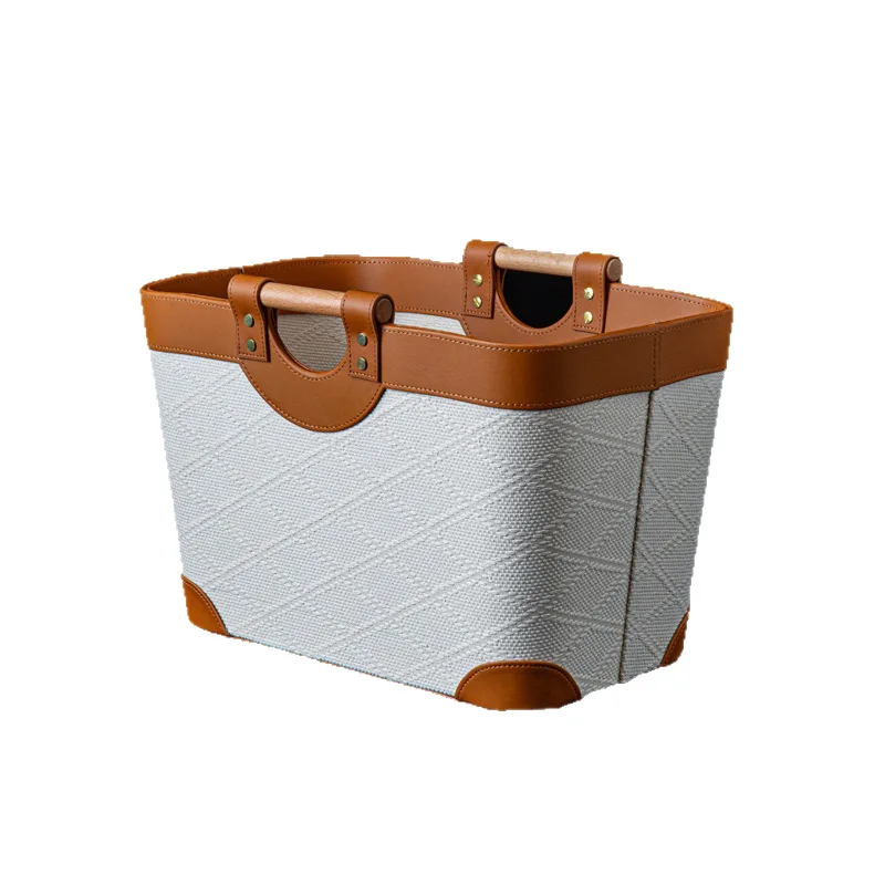 

DSA antique white pearl relief outer seam leather solid wood handle multi-purpose storage basket dirty clothes home use