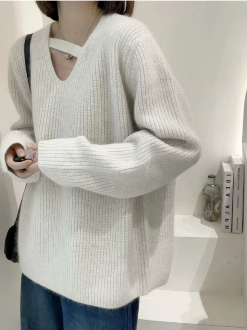 ay V-Ne محبوك سترة المرأة الخريف الشتاء الجوف خارج تصميم تحسس كسول Sle أعلى عالية الجودة فضفاضة تناسب طويلة Sve