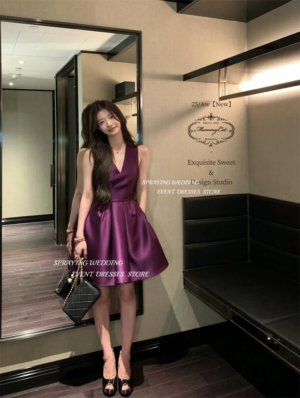 SPRAYING Mini Purple Satin Evening Dress Korea Wedding Photo Shoot V Neck Strap Elegant A line Short Party Dress Customized 2026