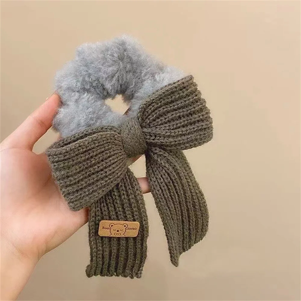 Autumn Winter Bowknot Knitted Hair Bands For Women Girls Solid Color Plush Ponytail Hair Tie Headwear Scrunchies Hair Accessory