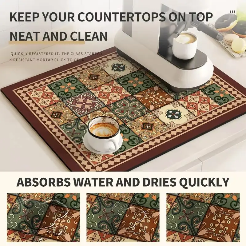 VIKAMA Retro Geometric Floral Tile Kitchen Drain Mat Waterproof Heat Resistant Coffee Bar Absorbent Pad Home Decor