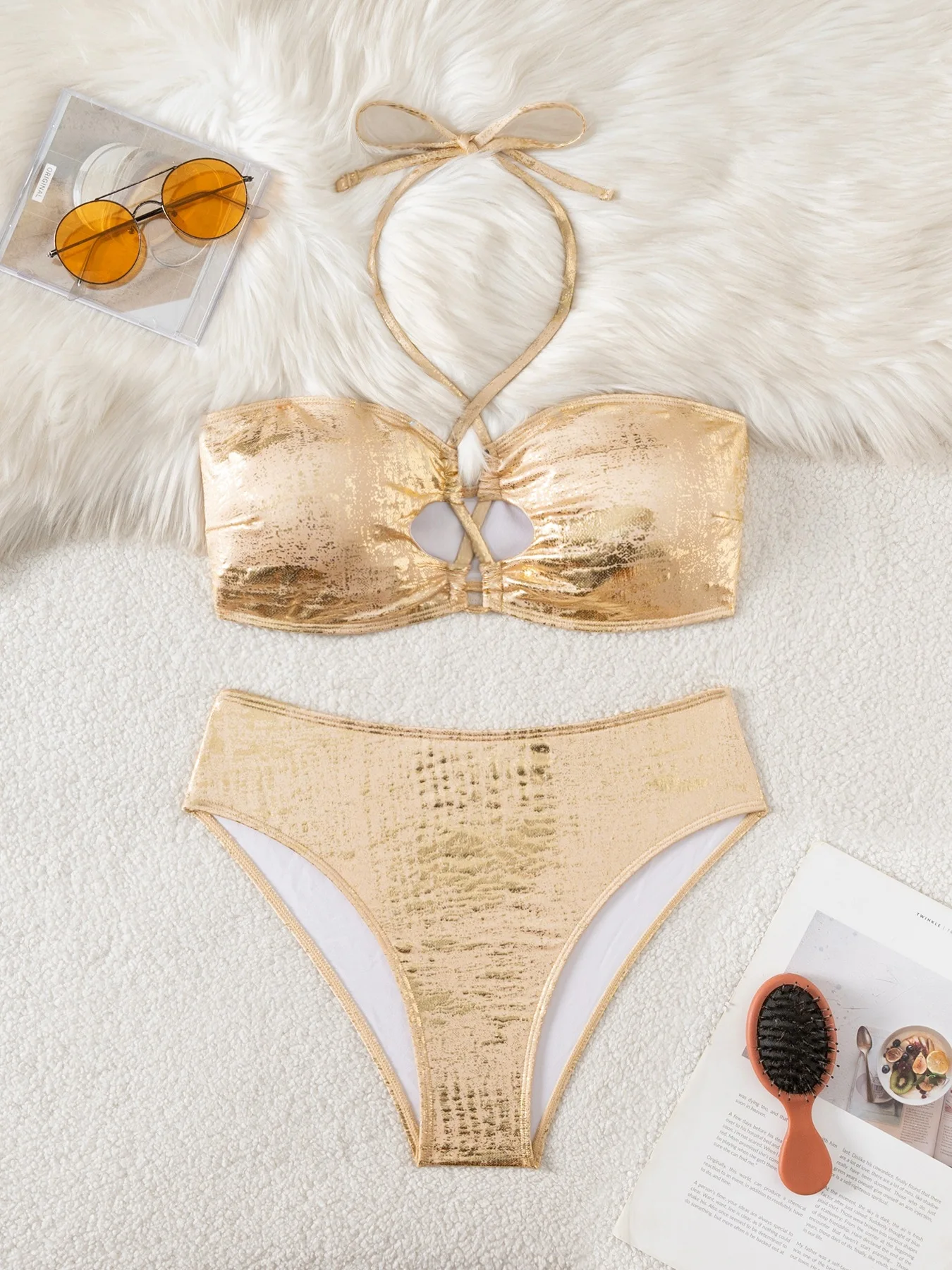 Sexy Triangle Push Up Bikini Brazilian Swimwear Women Metallic Gold Bikinis Ring Linked String Bathing Suit Beach Wear Biquini