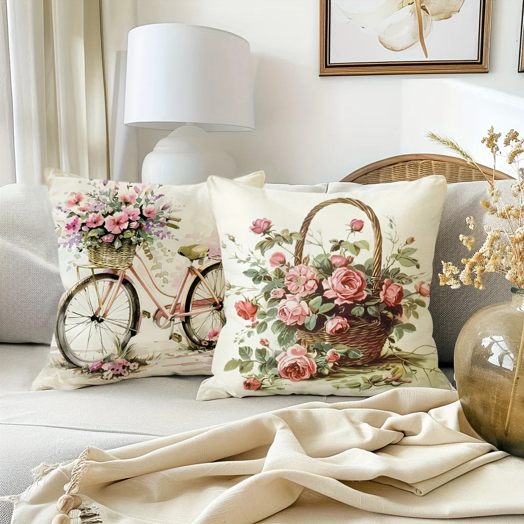 

4Pcs French Country Pillow Covers - Floral Bicycle Print Zippered Cushion Covers for Farmhouse Decor