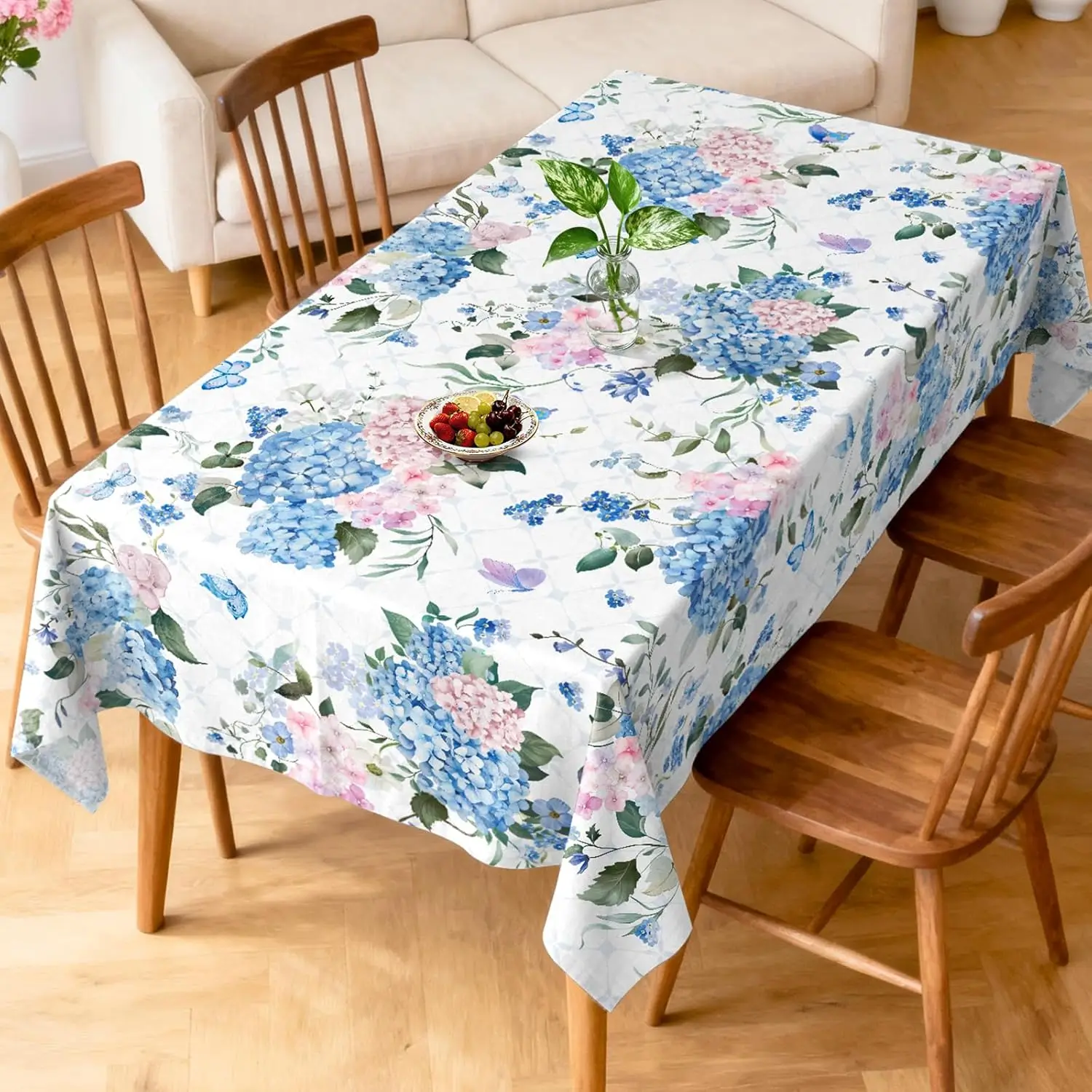 Blue Hydrangea Rectangle Tablecloth for Table Decor Washable Spring Summer Floral Kitchen Dining Table Cloth Wedding Decorations