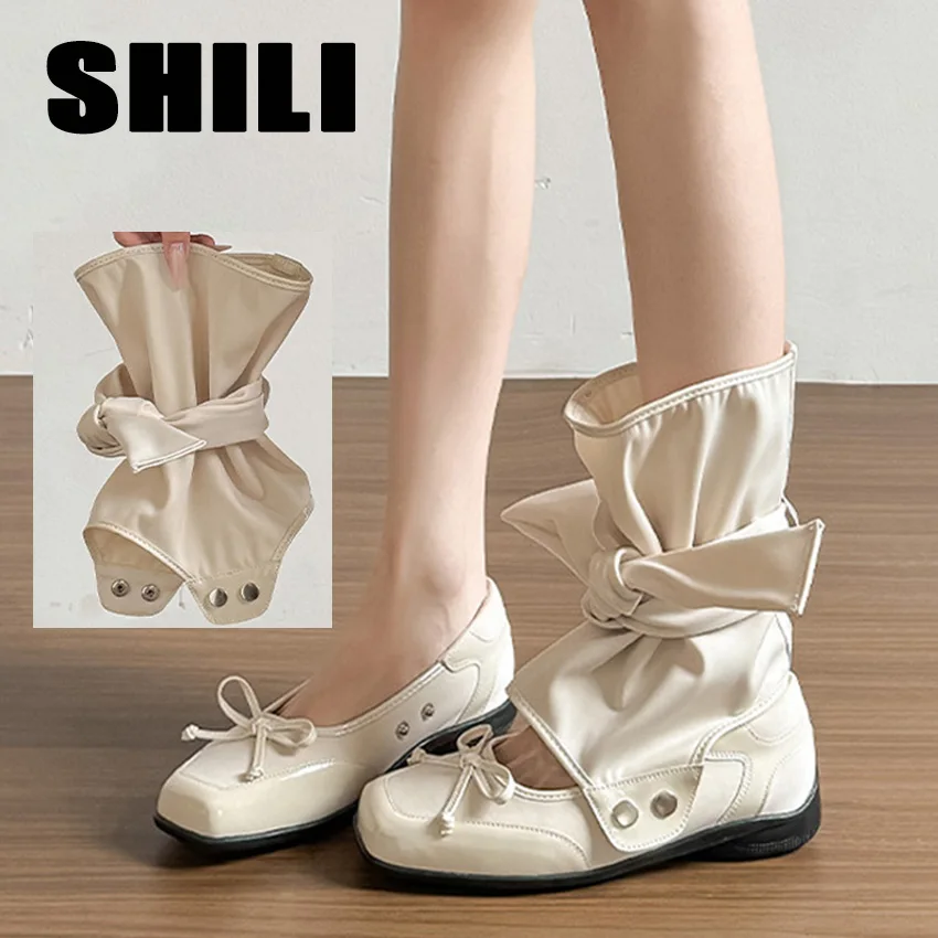 botas Mid-Calf Fashion Boots Bow Mary Jane Flat Shoes for Women 2026 Summer New Removable Three-Way Hollow Stack Short Boots