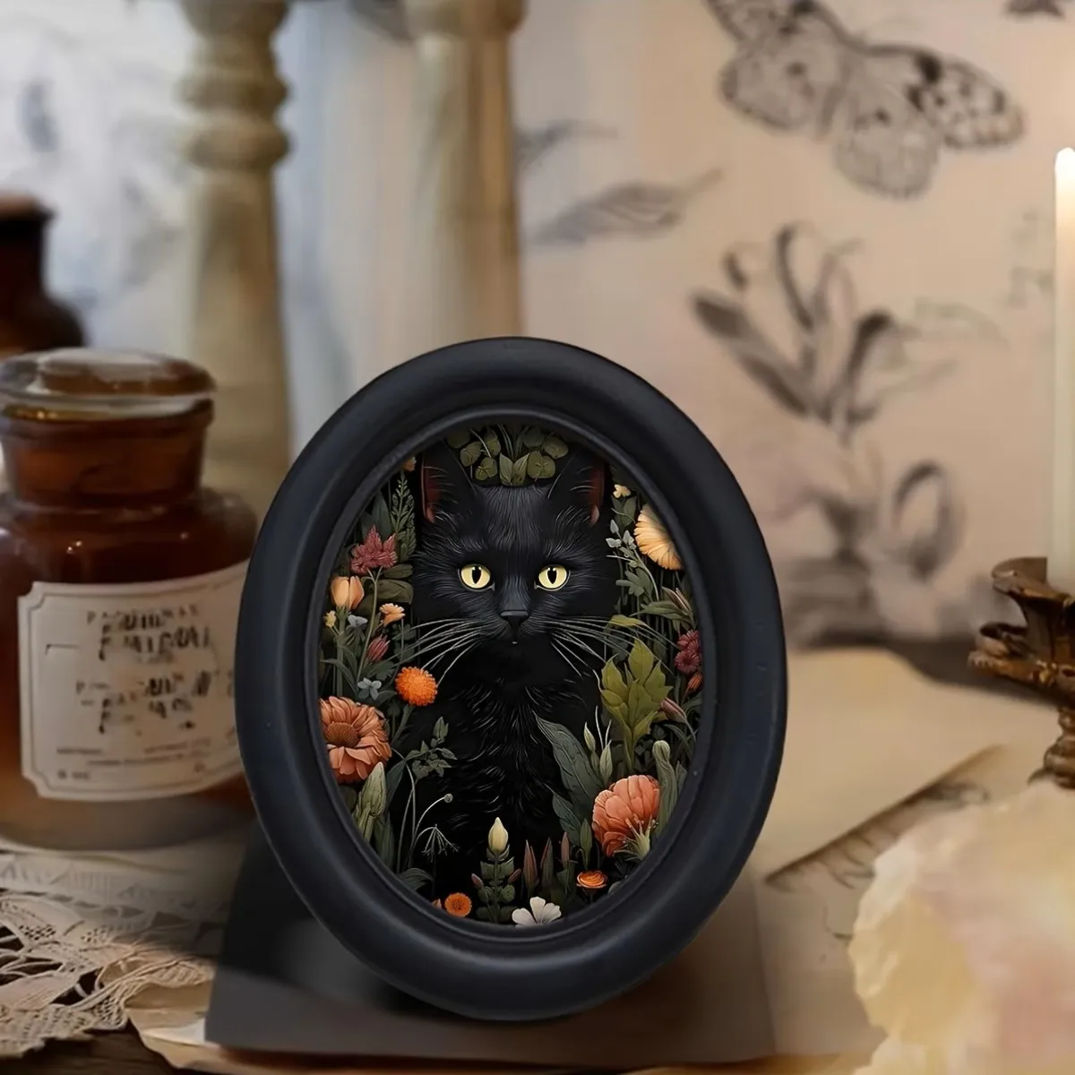 A Gothic-Style Black Cat in a Wooden Oval Frame on the Lawn - 10.57X 13.34cm Handmade Wall Art, Decorative Floral Design, Suitable for Home and Office Decor, Halloween and Holiday Decorations, Cat Decor, Best Choice for Christmas, Perfect Room Decoration