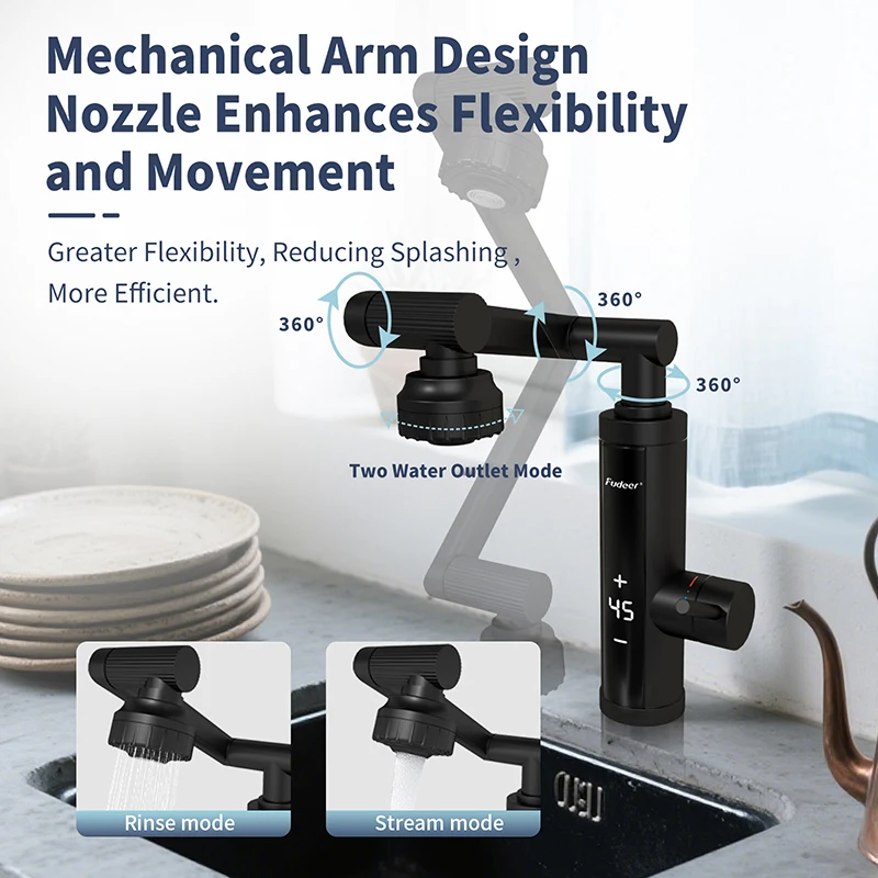 Fudeer Hot Water Tap Black Electric Instant Water Tap for Sink Stainless Steel Hot Water Heater Under Sink 3400W for Kitchen