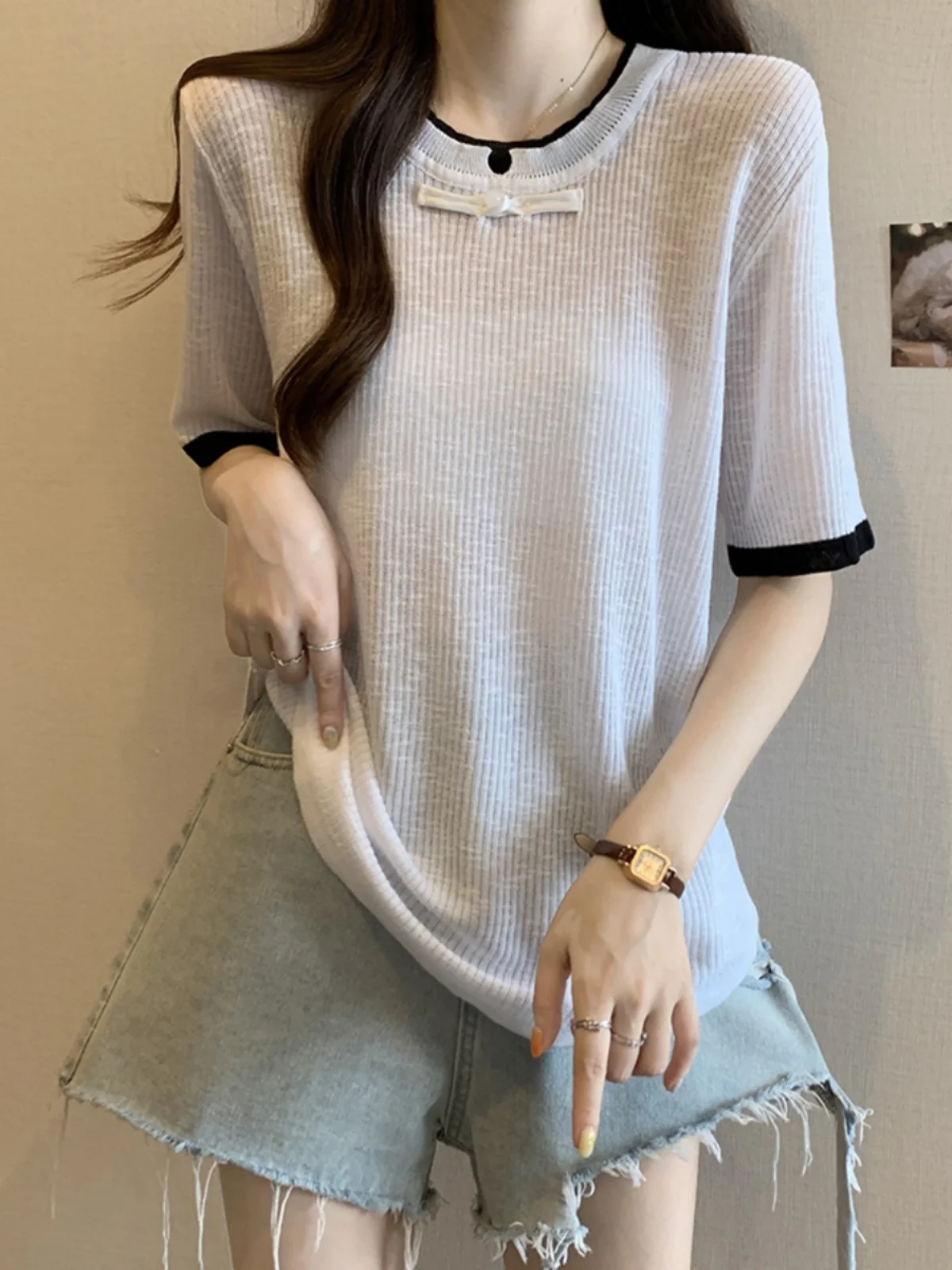 Ice Silk Short Sleeve T-Shirt Women's Thin Summer Large Size Half Sleeve Base Shirt plus Size Slimming New Chinese Style Butt...