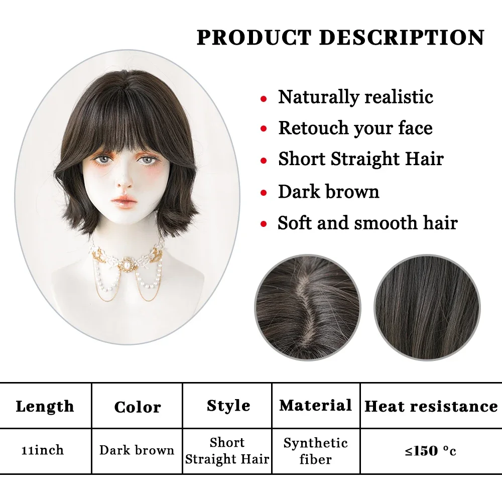 PARK YUN Synthetic Wigs Bangs Hair Women Short Wig With Dark Brown Cospaly Daily Party  Heat Resistant Fiber Natural Fake Hair