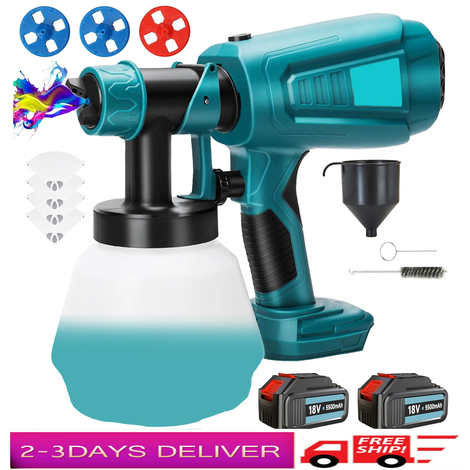 Cordless Paint Sprayer 4 Nozzles & 3 Patterns, 2 Pcs 5.5Ah Battery, 1000ML Electric Spray Paint Gun for House Furniture Painting