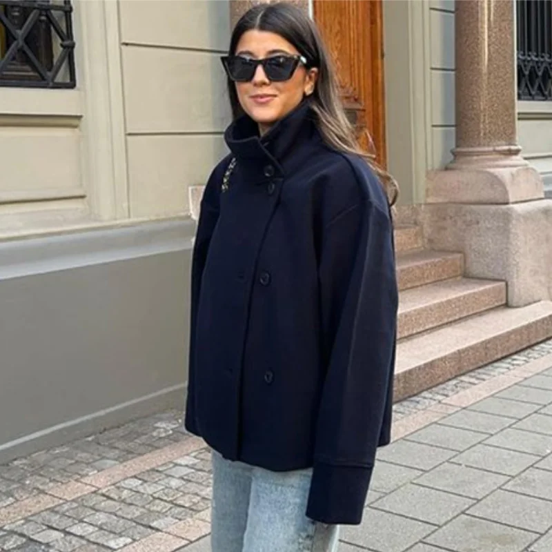 

Vintage Stand Collar Short Jacket For Women Long Sleeve Single Breasted Coat 2025 Autumn Chic Fashion Lady Streetwear Outerwears