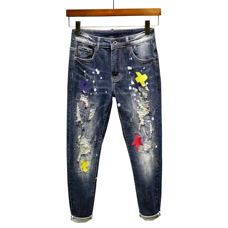 Distressed Jeans For Men Slim Fit Stretch Hip Hop Style Streetwear Patchwork Jeans Printed Embroidered Ripped Beggar Pants Man