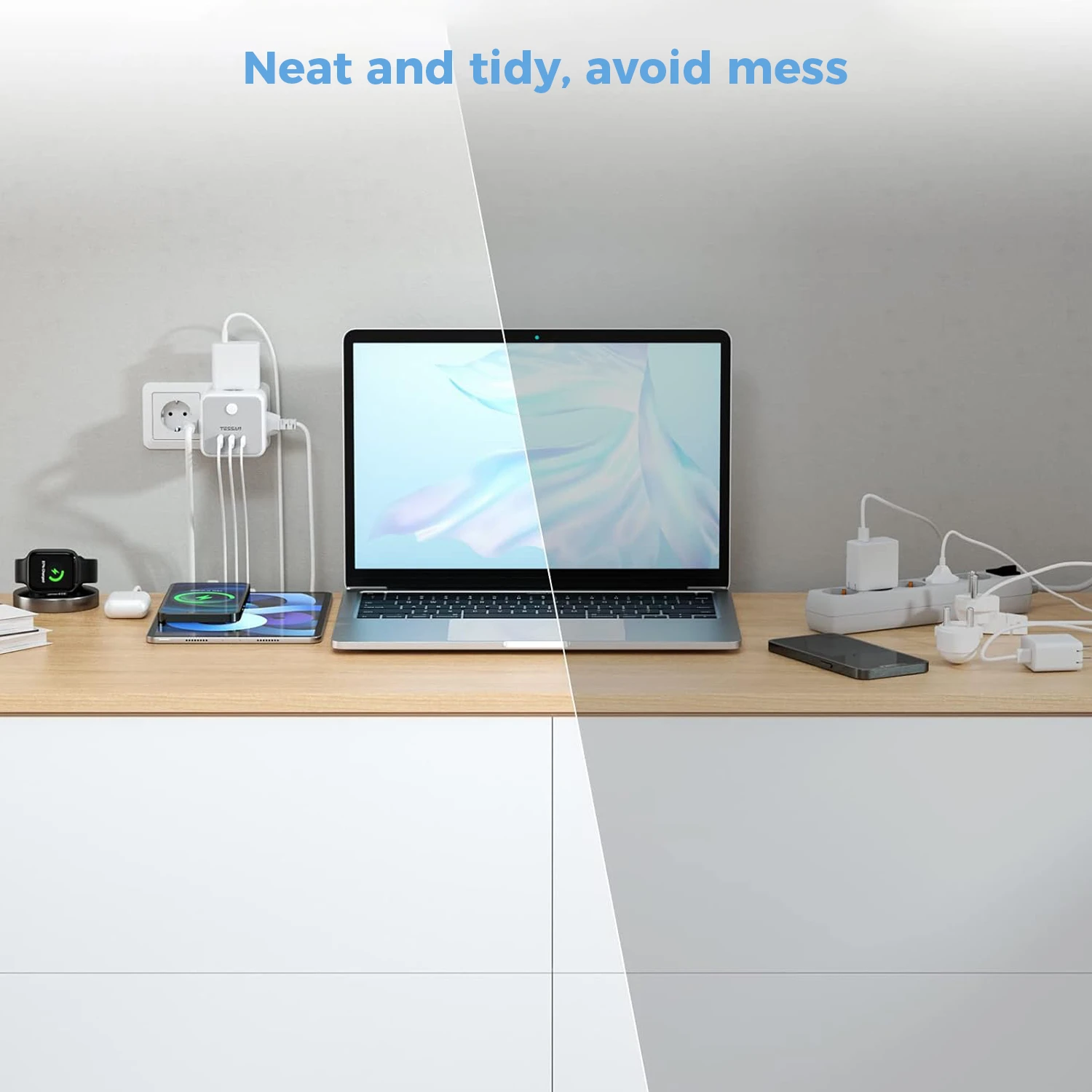 TESSAN FR Tomada de parede Cube Power Strip com 3 tomadas francesas e 3 portas de carregamento USB 6 em 1 Multi Tomadas Adaptador de tomada de alimentação