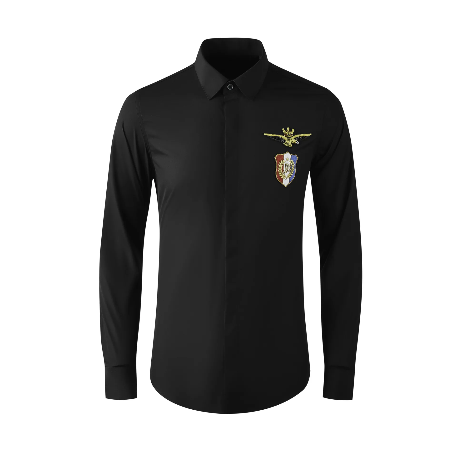 Four season long sleeved men's shirt embroidered slim waist fashionable and simple cotton spinning men's clothing