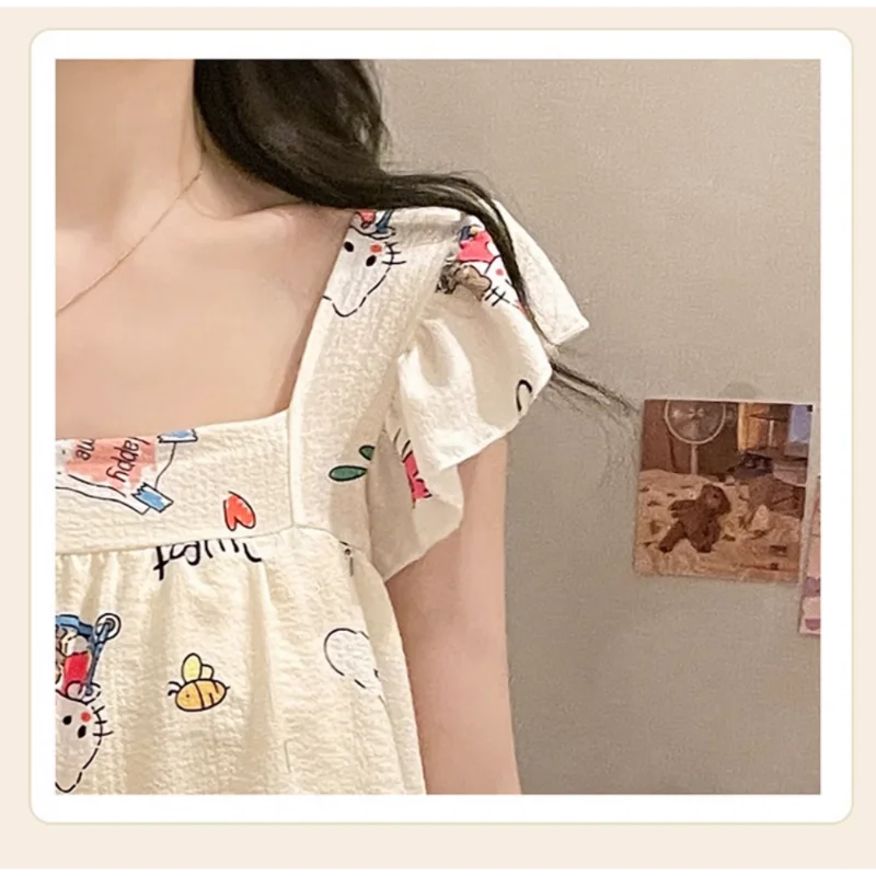 Sanrio New Hello Kitty Ice Silk Sling Pajamas Cute Cartoon Casual and Comfortable Cool Breathable Lightweight Home Sexy Pajamas