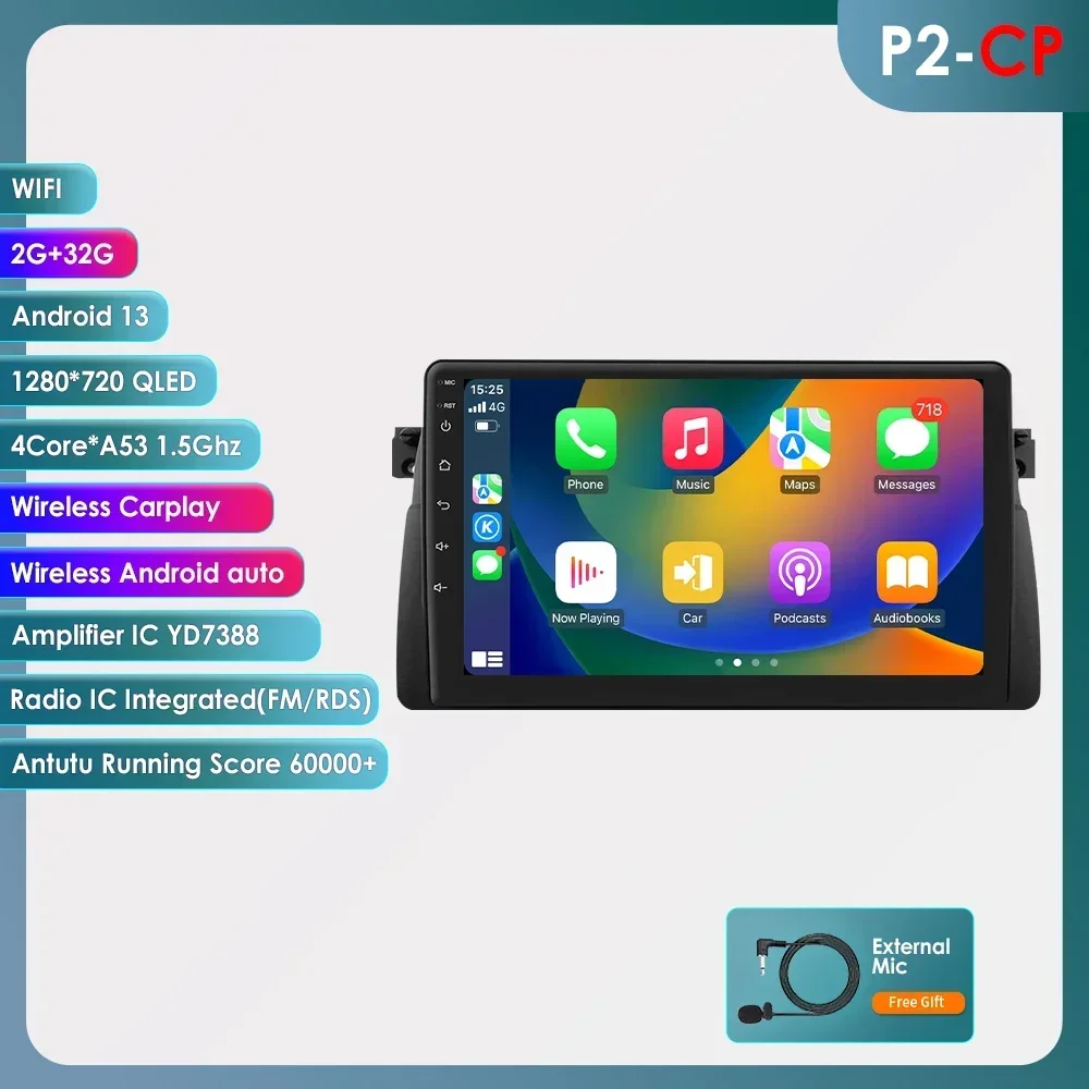 2din Android autoradiospeler voor BMW 3 E46 M3 318 320 325 330 335 1999-2006 Draadloze Carplay Auto Multimedia Stereo 6115 GPS