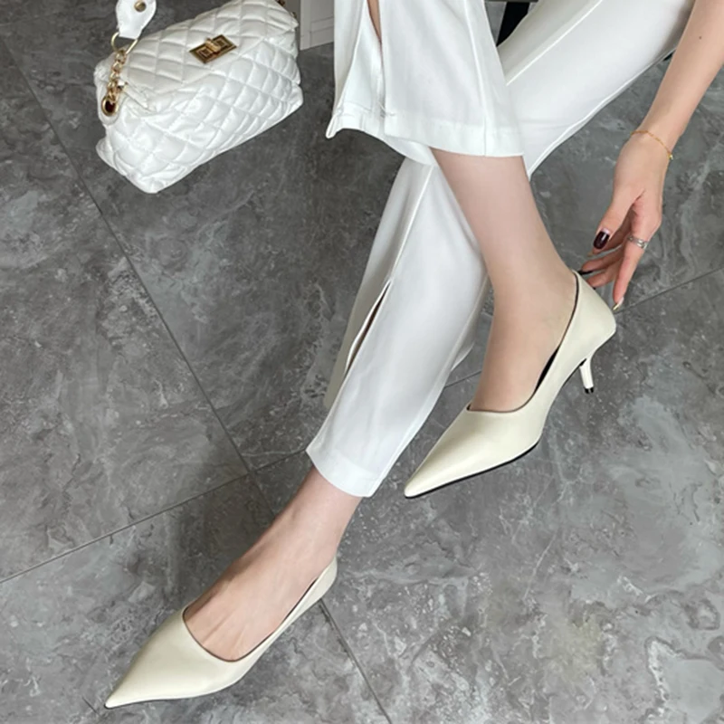 2023 New Luxury Brand Women Yellow Pointed Toe Stiletto Pumps Pu Leather Pink White Pencil High Heels Ladies Wedding Prom Shoes