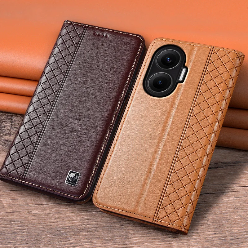 

For XIAOMI Redmi Turbo 4 Turbo4 Pro 5G Flip Case Grid Pattern Magnetic Cover Luxury Cowhide Genuine Leather Wallet Cases Covers