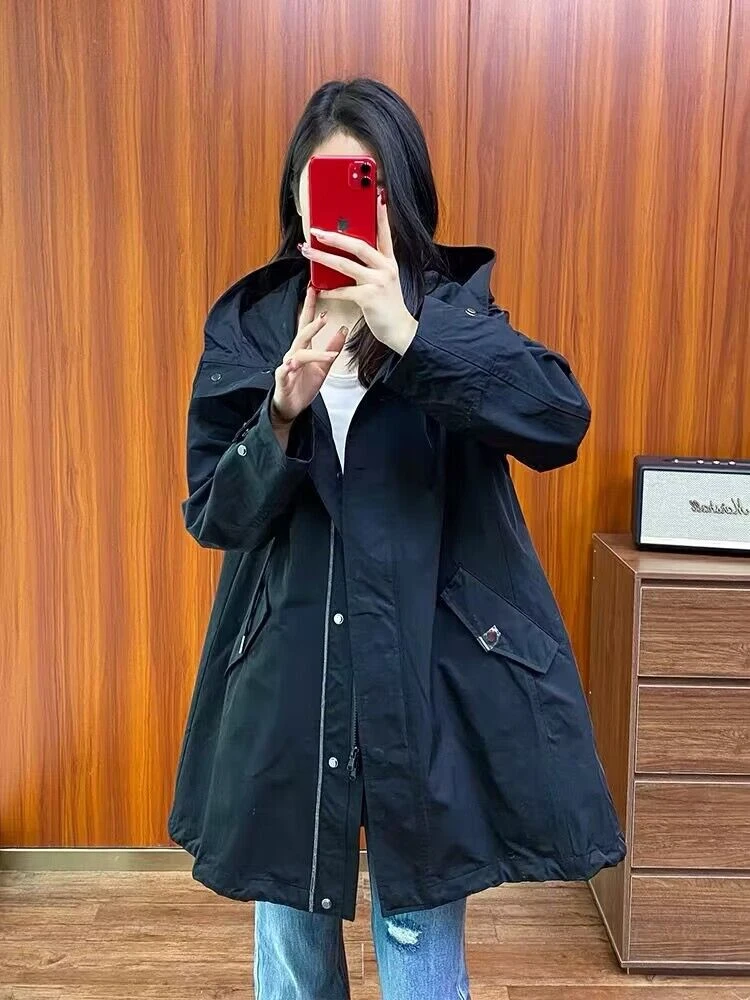 

Trench Coat For Women 2024 Luxury Leisure Solid Color Women's Windbreaker Hooded Collar Long Sleeved Zippered Placket Loose Coat