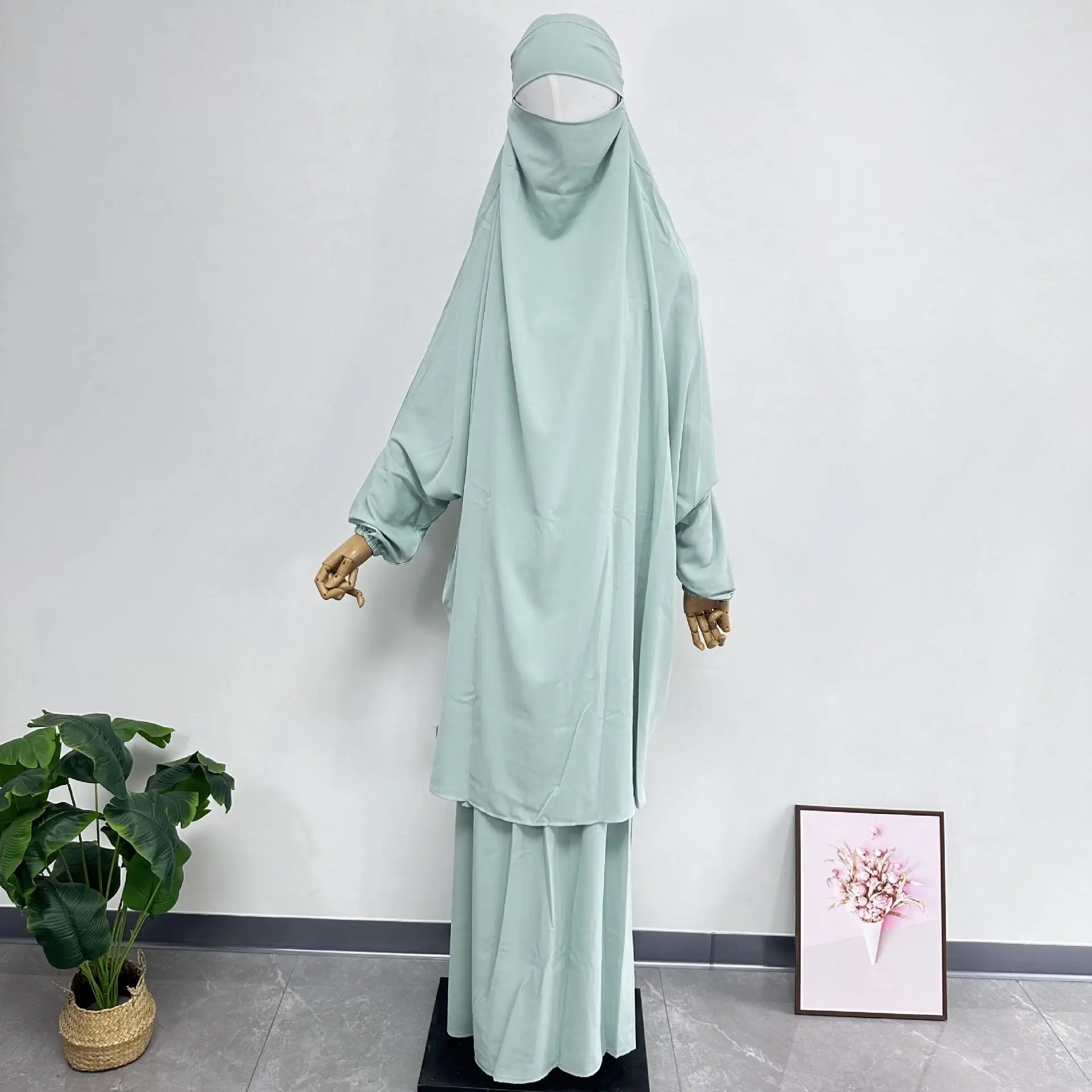 2PCS Ramadan Khimar Hooded Abaya Muslim Sets Women Eid Djellaba Skirt Dress Islam Clothing Prayer Garment Hijab Jalabiya Burqa