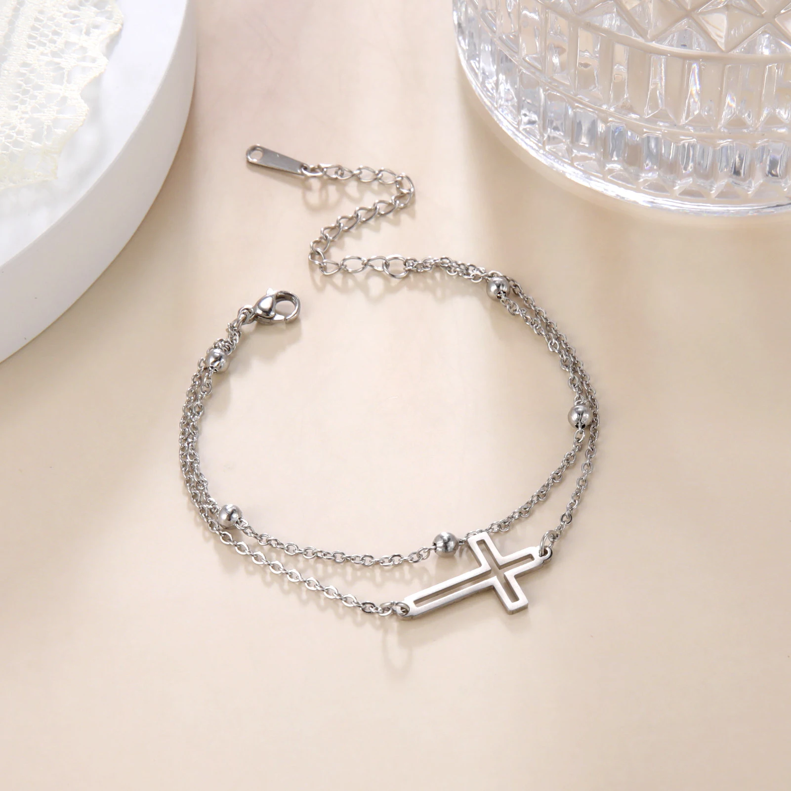 Fashion Women\'s Jewelry Cross Pendant Bracelets Stainless Steel Double Layer Chain Bracelets for Men Women Trend Gift
