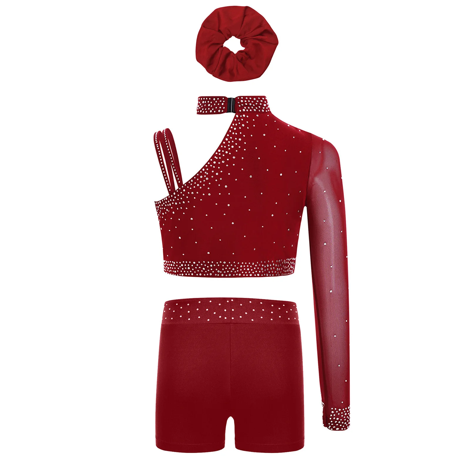 

Kids Girls Dance Ballet Sport Outfits Sparkly Rhinestones Crop Top Shorts And Hairband for Figure Skating Gymnastics Performance