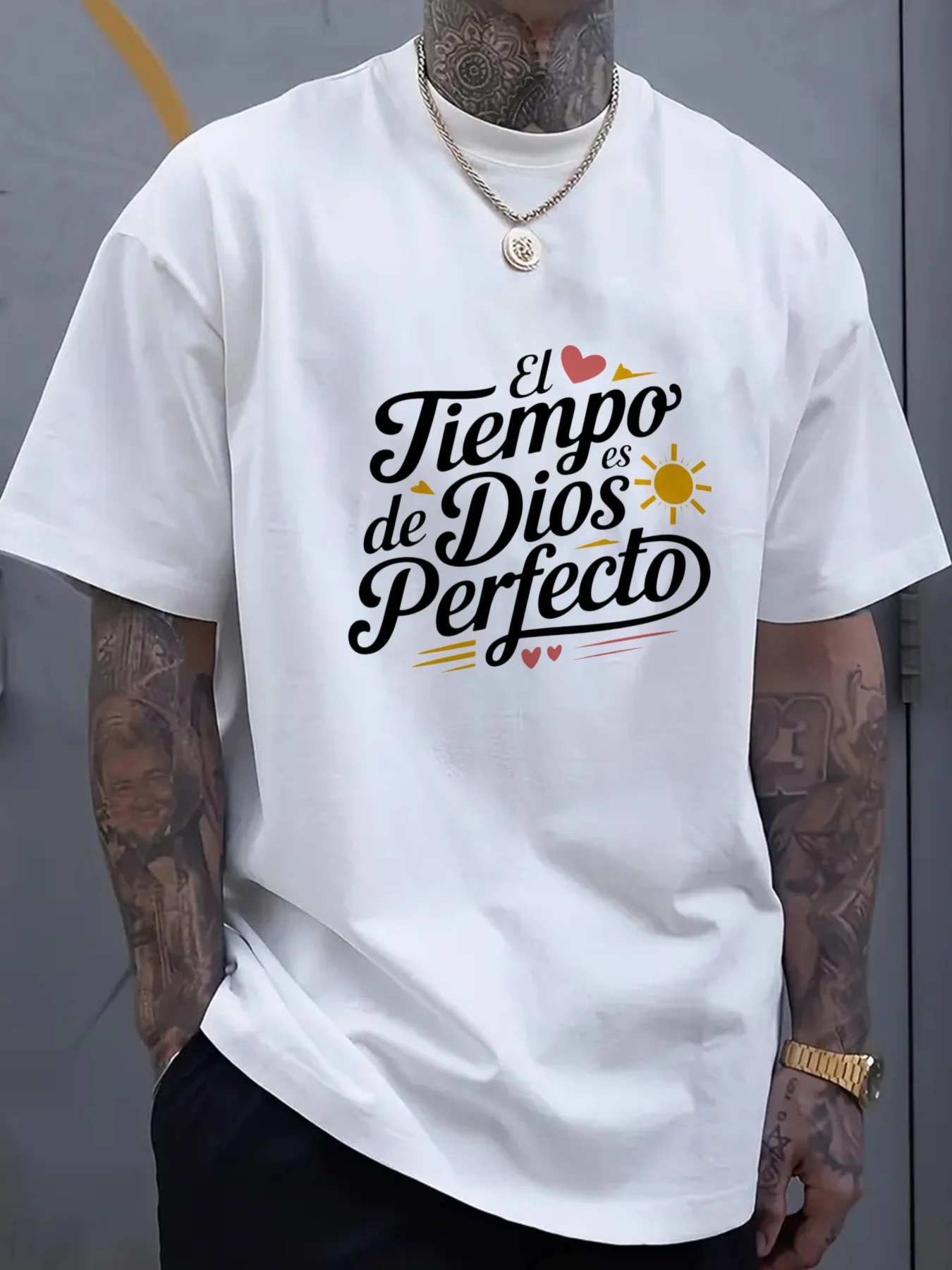

Мужская футболка El Tiempo de Dios es Perfecto, повседневная футболка с сердечком и солнцем, повседневная одежда с геометрическим узором