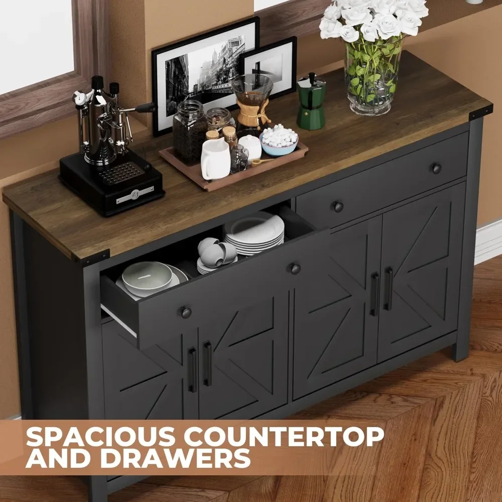

55" Sideboard Buffet Cabinet with Storage, Coffee Bar Cabinet with 2 Drawers and 4 Barn Doors, Long Storage Cabinet, Customized