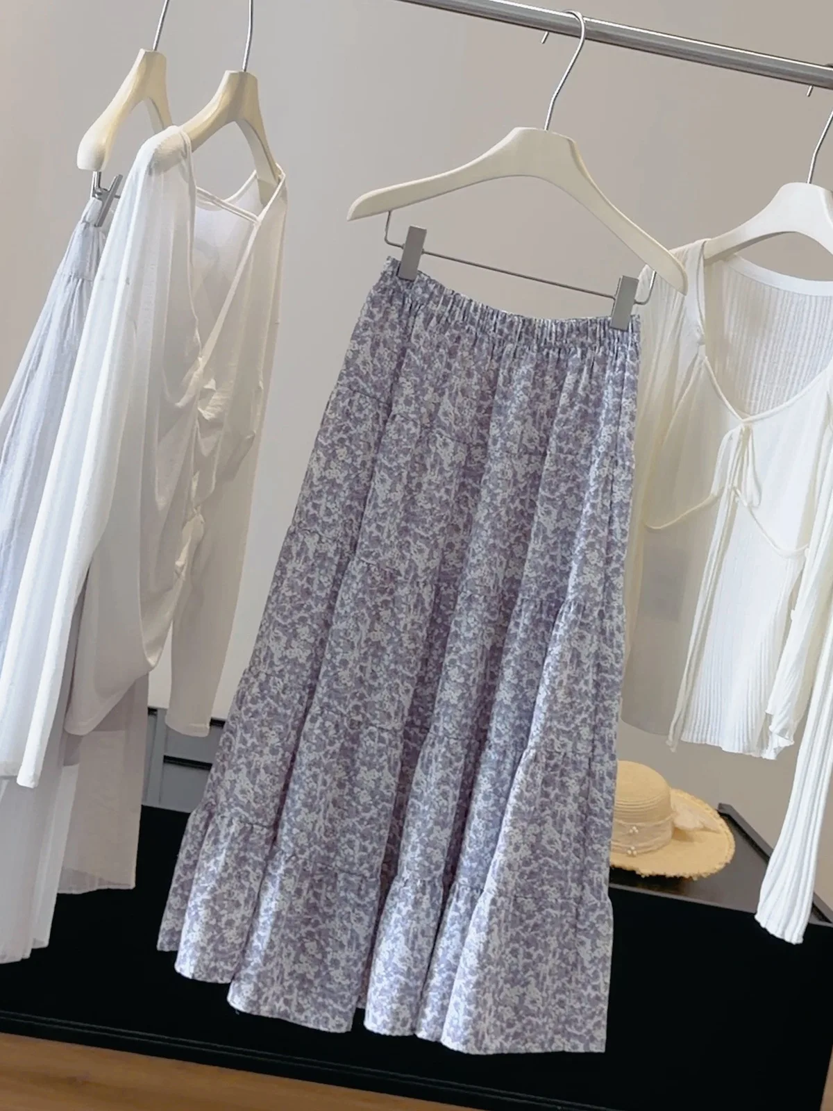 Harajuku Lavender Purple Floral Tiered Maxi Skirt High Waist Elastic Waistband A-line Skirt With Ruffled Hem Women Summer Garden