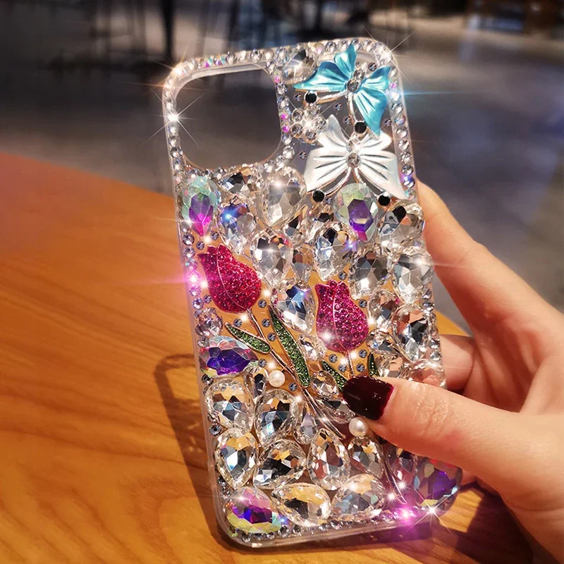 Luxury Sparkle Diamond Crystal Rhinestone Rose Flower Butterfly Case with Strap for Iphone 15 14 13 12 11 Pro MAX XR