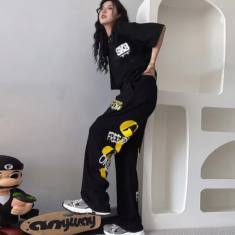 Spodnie damskie z wysokim stanem, luźne, w stylu hip-hop, do tańca i sportu, modne, codzienne, z szerokimi nogawkami, wygodne, elastyczne, czarne.