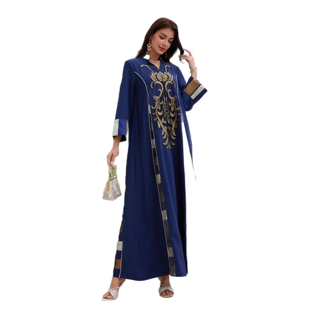 Middle Eastern Robe Clothing Bead Embroidered Flower Splicing Striped Abaya Muslim Robe