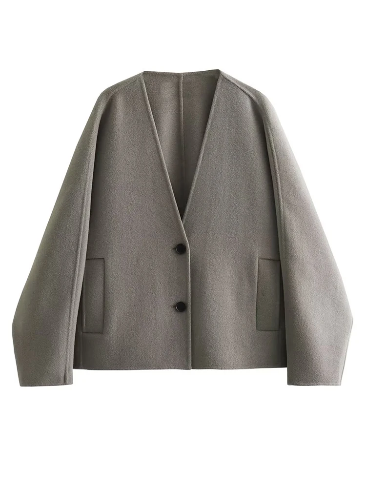 TARUXY New Woolen Short Jackets Coat For Women V Neck Fashion Long Sleeve Outwear Button Pockets 2024 Autumn Office Lady Coat