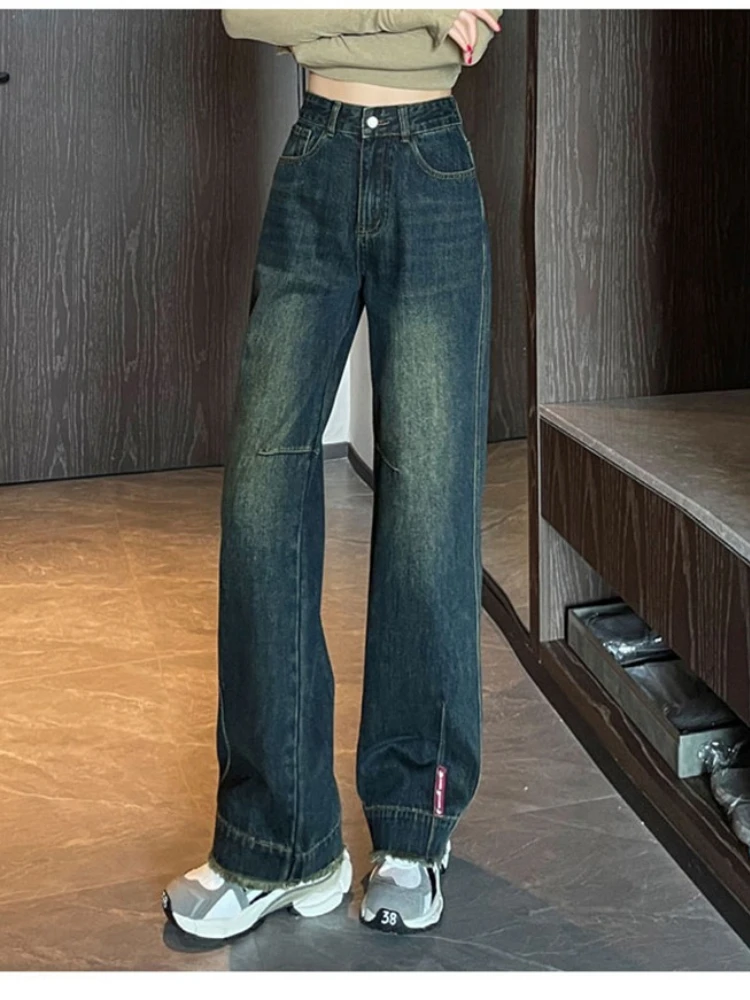 2025年秋冬 タッセルデザイン ワイドレッグジーンズ レディース 厚手 アメリカンスタイル 細身 ストレートパンツ