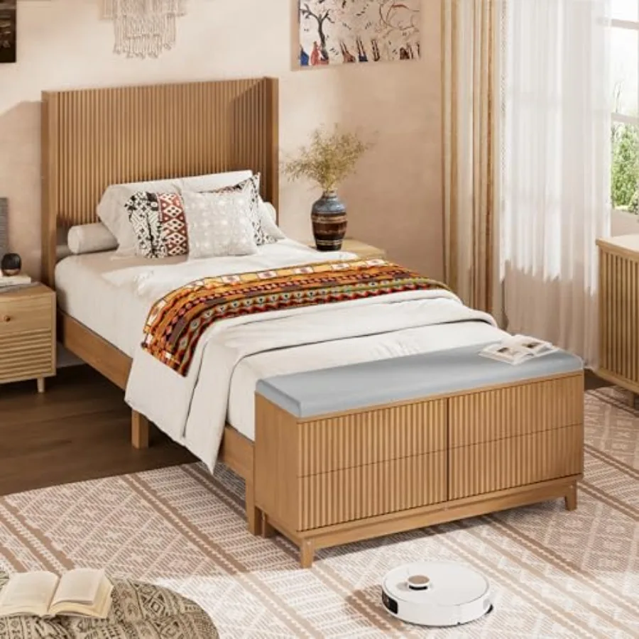 Boho wooden single platform bed with fluted design, wingback headboard, storage bench and 4 drawers for bedroom use, mid-centur