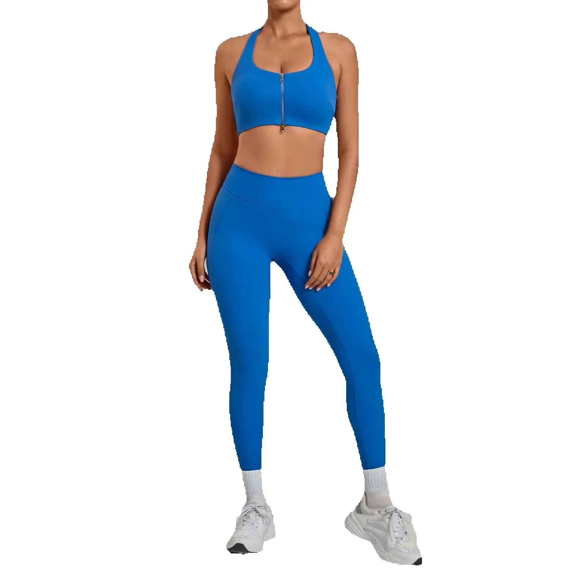 Women Halter Zip Sports Bra High Waist Scrunch Butt Leggings 2Pcs Yoga Set Gym Pilates Running Workout Fitness Athletic Outfit