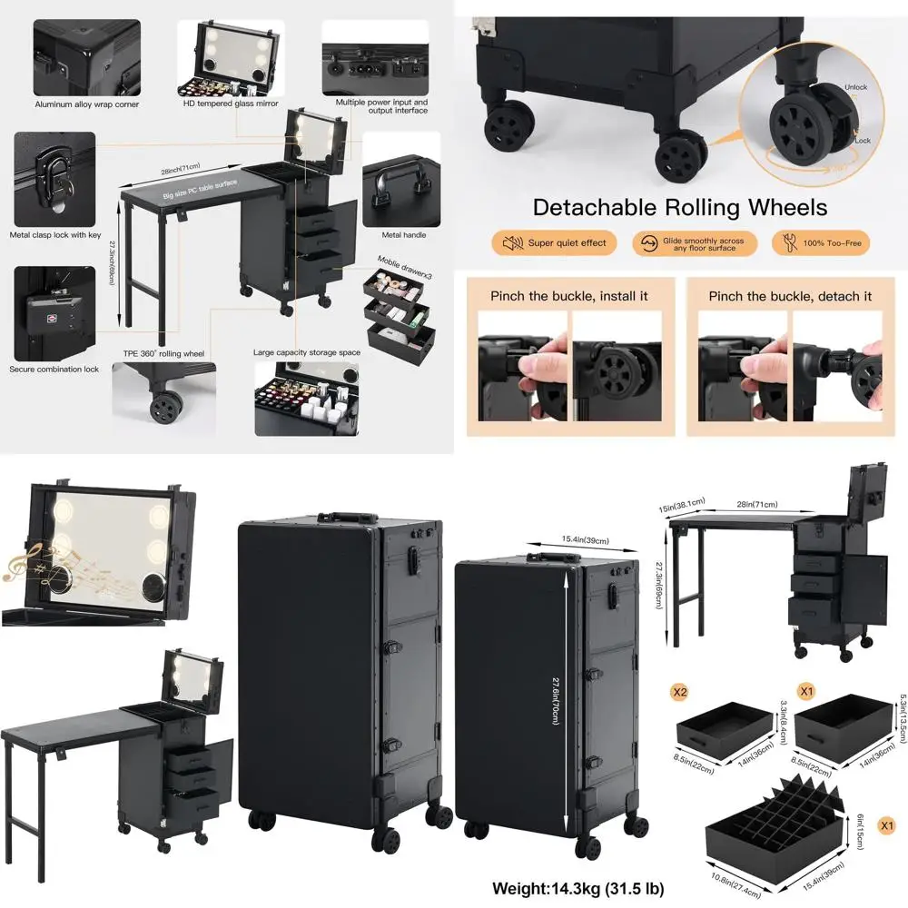 

Портативный маникюрный стол с 3 ящиками, запираемый кейс для косметики с зеркалом, органайзер для лаков, передвижной стол для маникюра на колесиках