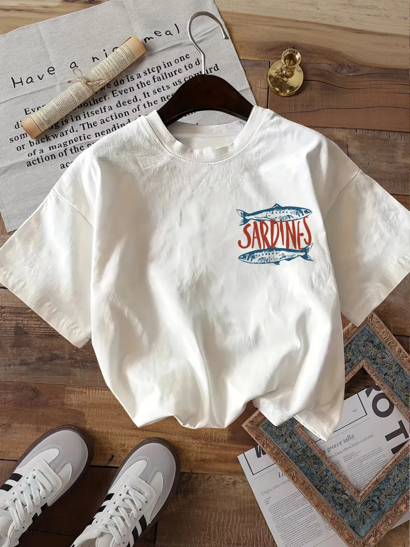 Sardines Fish Market T Shirt Funny New Port Graphic Double Sided Print Unisex Harajuku Aesthetic Loose Short Sleeve Summer Tops
